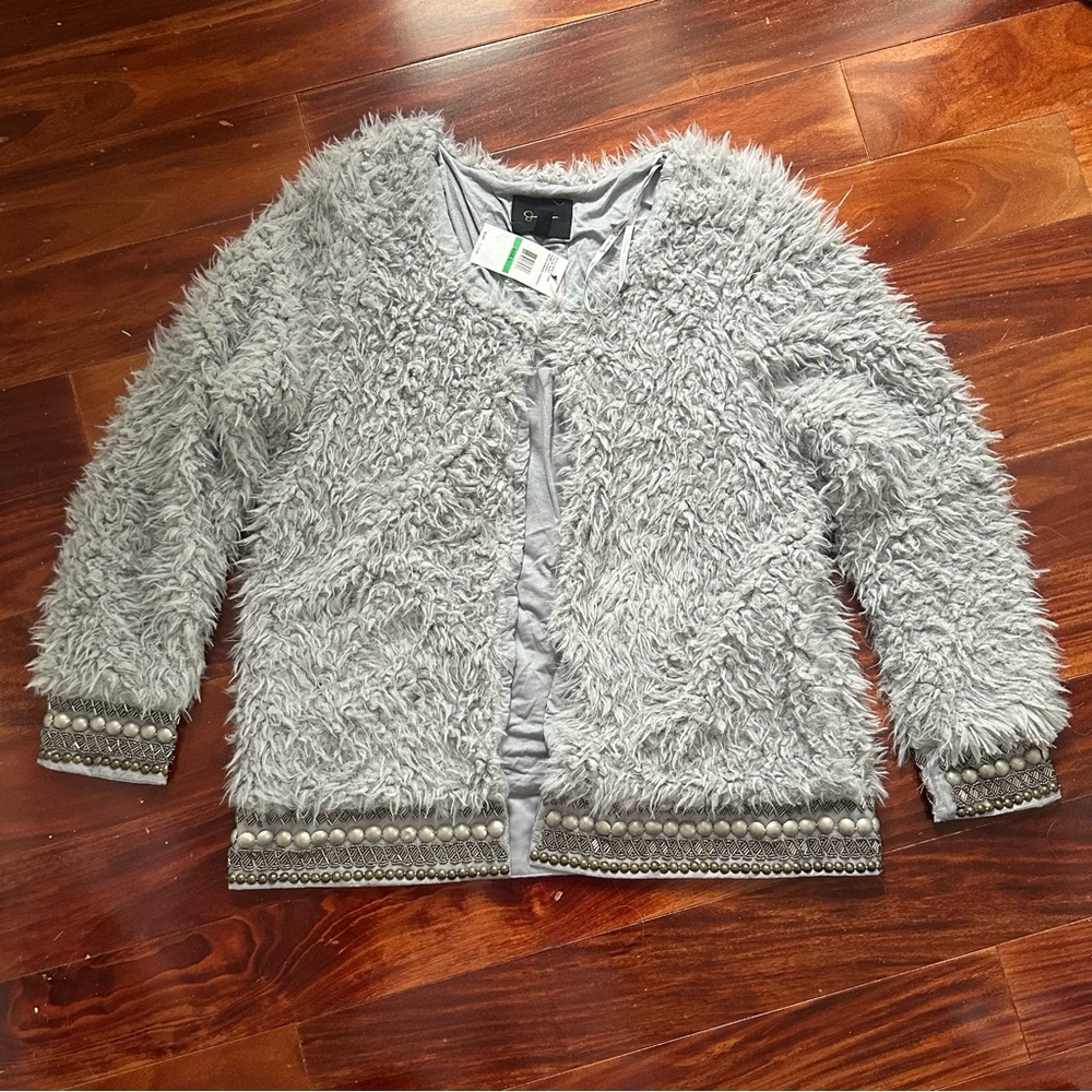 Jessica Simpson 'Kassidy' Faux Fur Fuzzy Embellished Jacket in Sleet Grey Size L